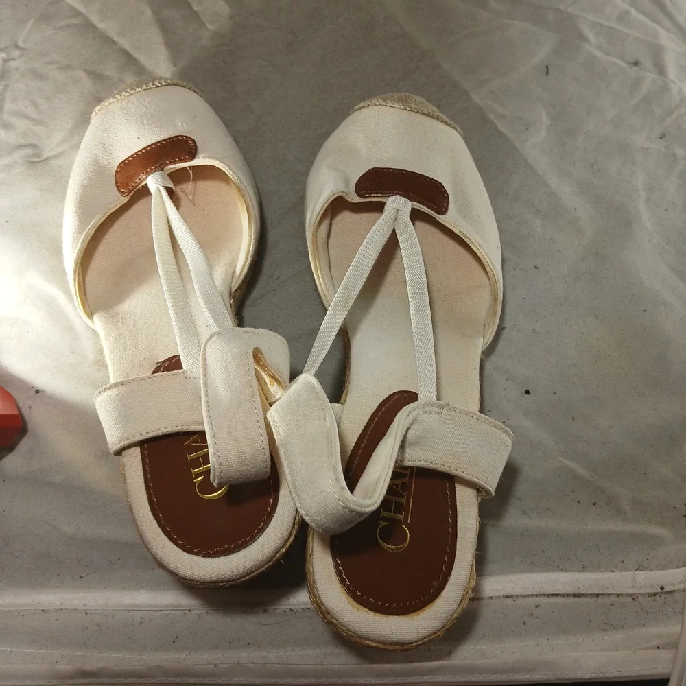 Chaps Clarisa Cream Espadrille Wedge Sandals Women Size 7B Slingback Tan‎